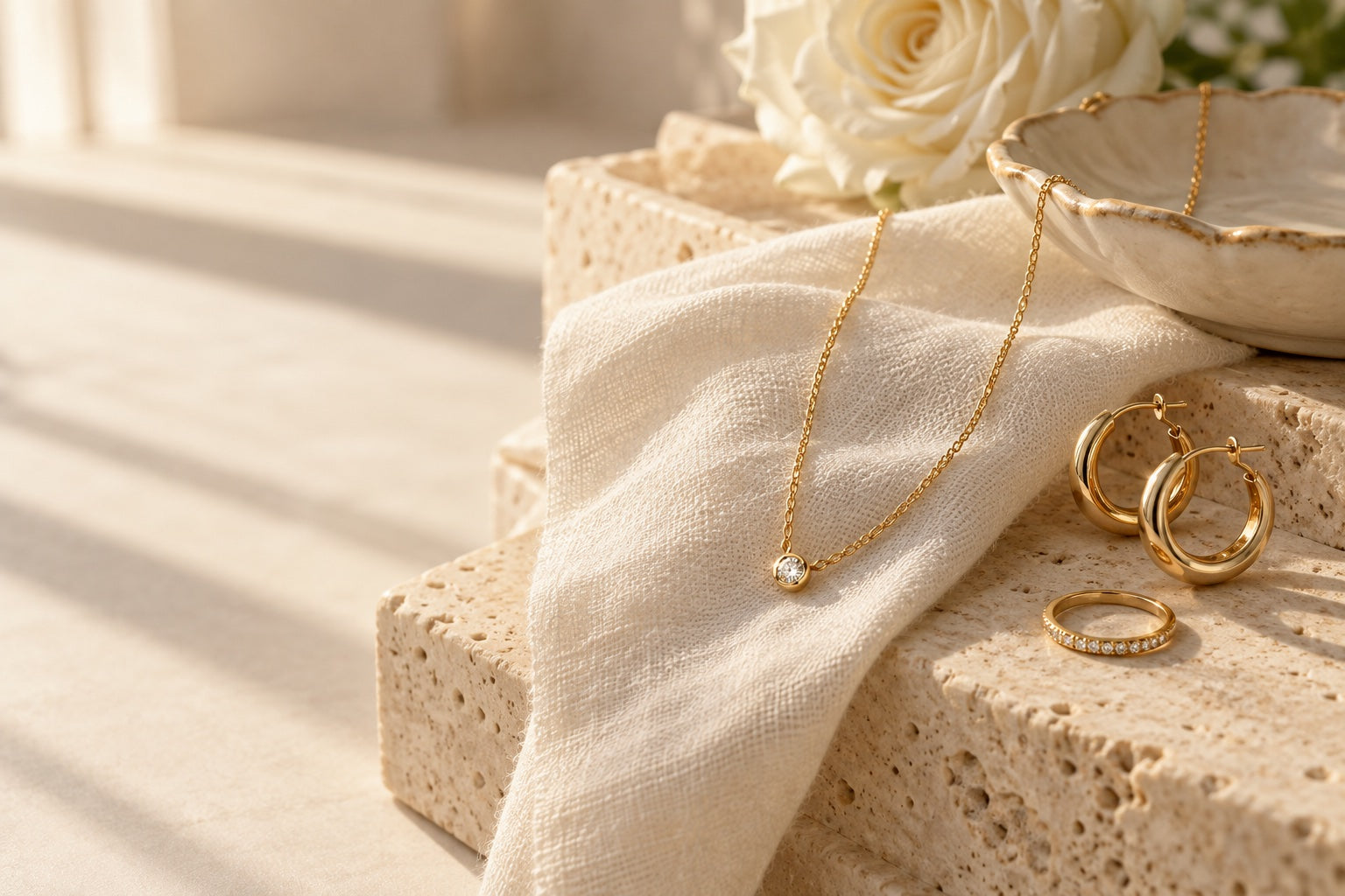 A delicate gemstone pendant, earrings and a ring styled on ivory linen
